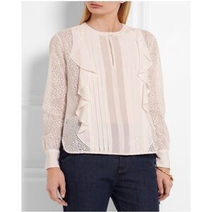 See by Chloe Lace Paneled Ruffled Top Silk Crepe De Chine Cloud White Sz 42 XL